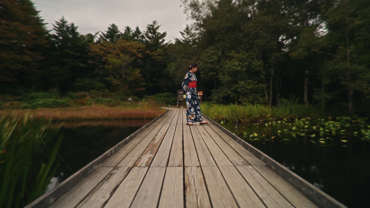 Woman in Yukata on Wooden Bridge
