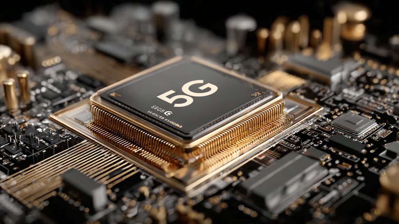 Nærbillede af en højtydende 5G-processor på et printkort, der viser avanceret teknologi og indviklede elektroniske komponenter til moderne enheder