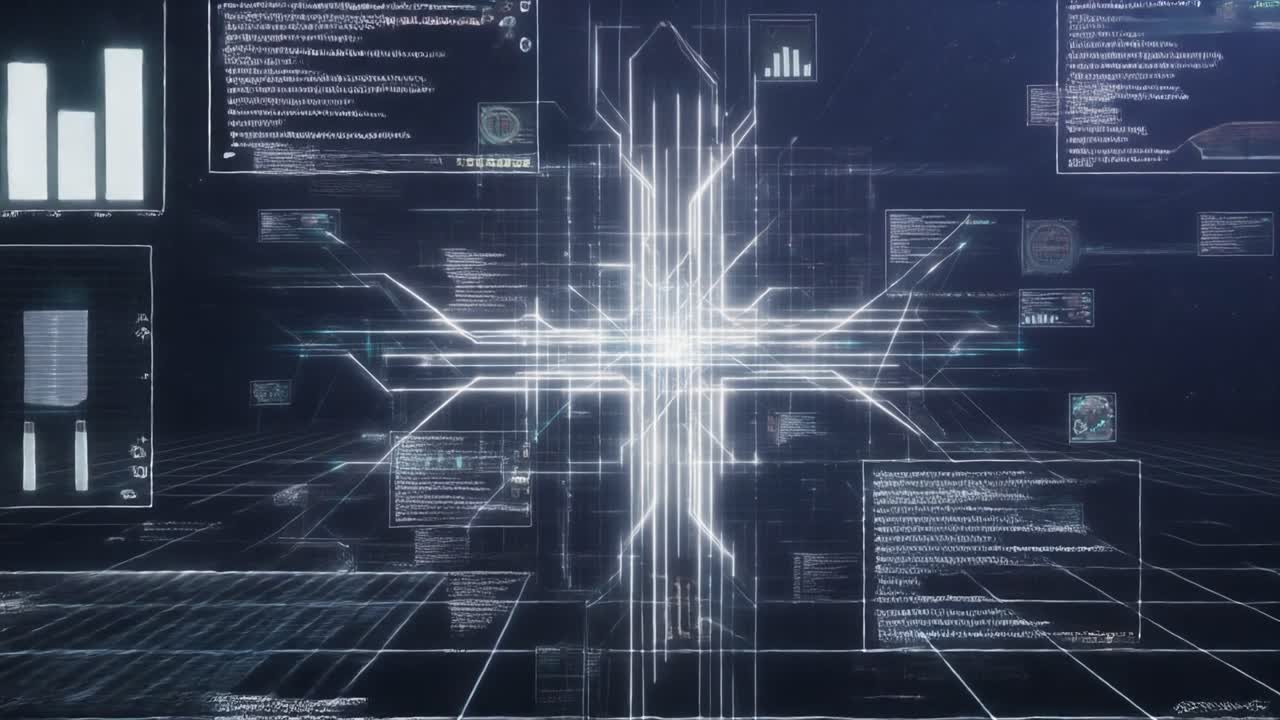 Futuristic Digital Interface with Data Processing and Network Connections