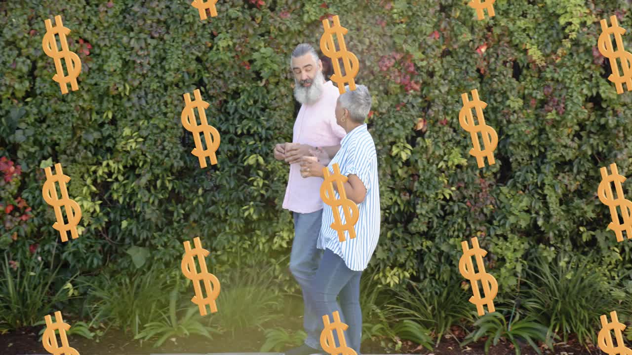 Pair stepping out door walking by green wall talking finance as orange dollars shifting around pair