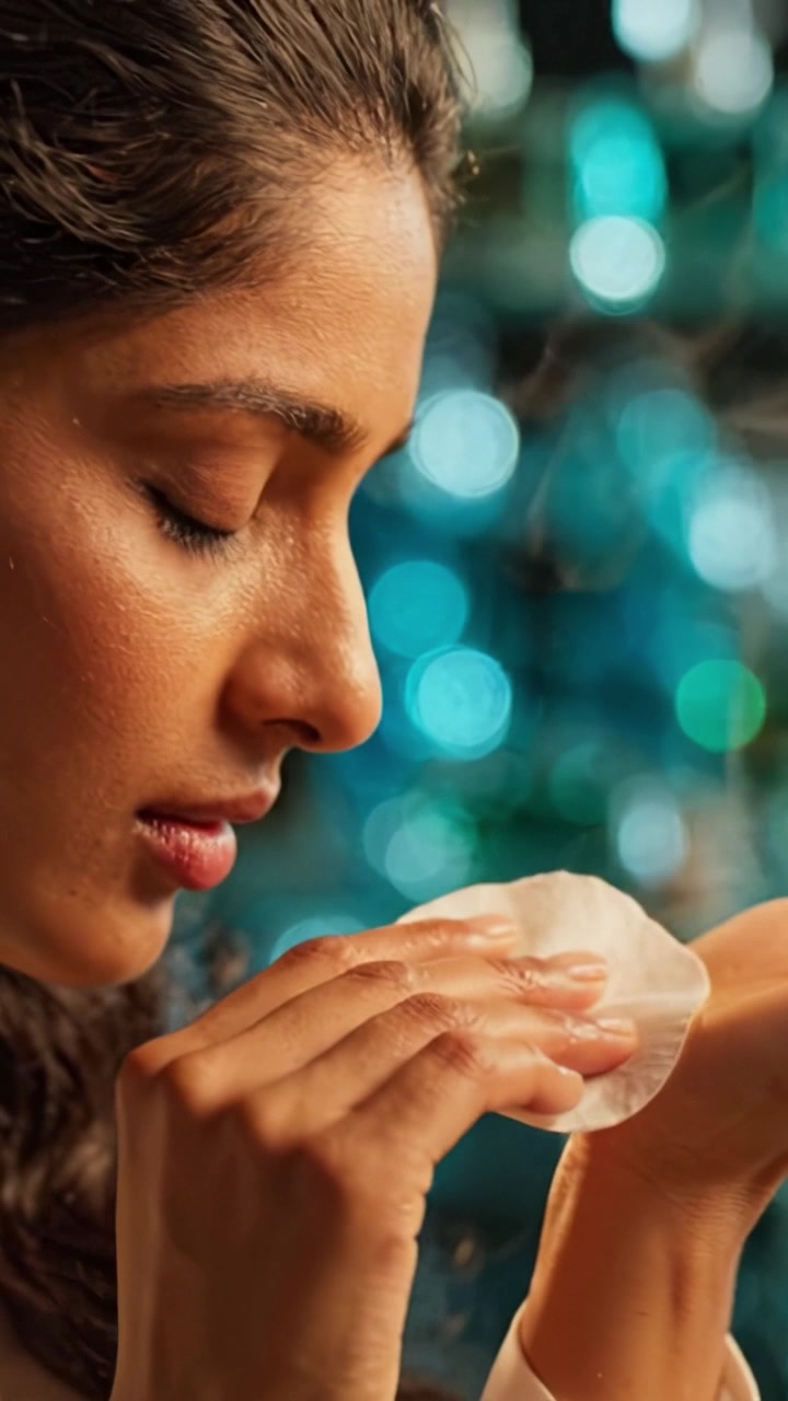 A close-up of a person gently cleansing their face with a cotton pad, revealing a serene expression and soft, glowing skin in a beautifully illuminated background.
