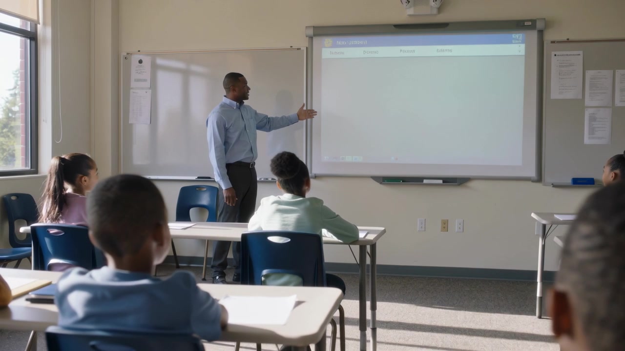 Professor ensinando, apontando para uma projeção na escola, com alunos escrevendo em laptops, vestindo camisa social.