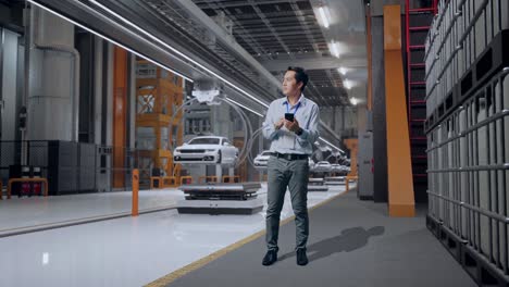 cuerpo lleno de un trabajador profesional masculino asiático de pie con su teléfono inteligente en la fábrica de automóviles ev, instalación industrial de alta tecnología, observa mirando a su alrededor antes de llegar a concentrarse con su teléfono móvil