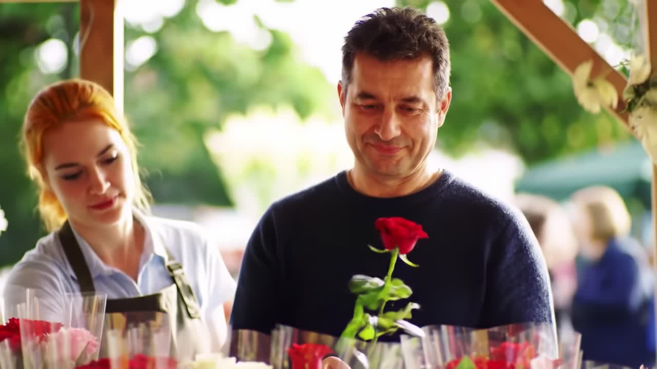 A Joyful Encounter: Man Selects a Beautiful Rose While Surrounded by Colorful Flowers at a Lively Market Stall Filled with Blossoms
