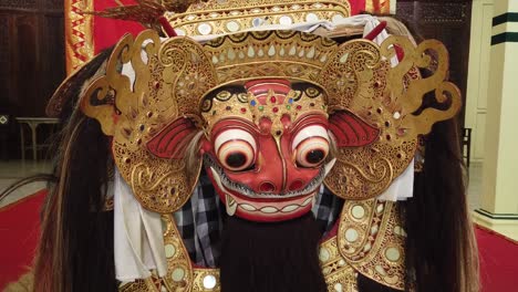 Closeup-Shot-of-Barong,-Mystical-Creature-of-Balinese-Hinduism,-Sacred-Animal-Disguise,-Bali-Indonensia