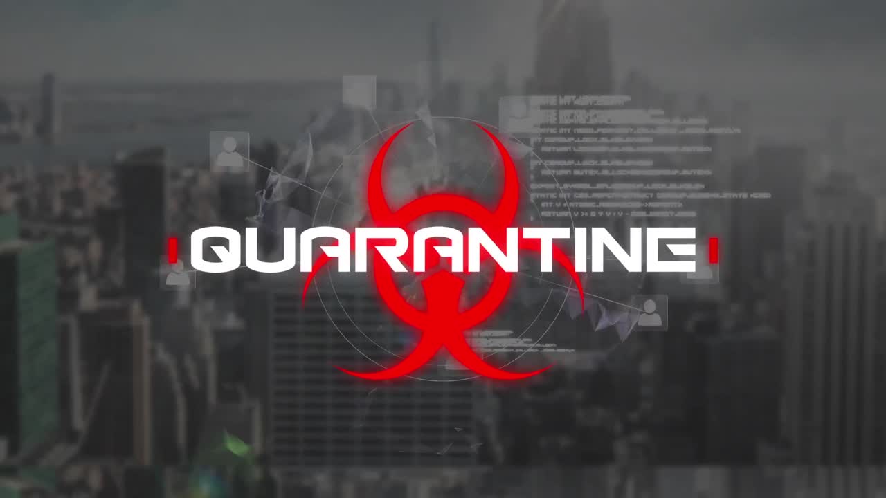 데이터 처리 및 도시 풍경에 대한 코로나 19 경고 텍스트의 애니메이션