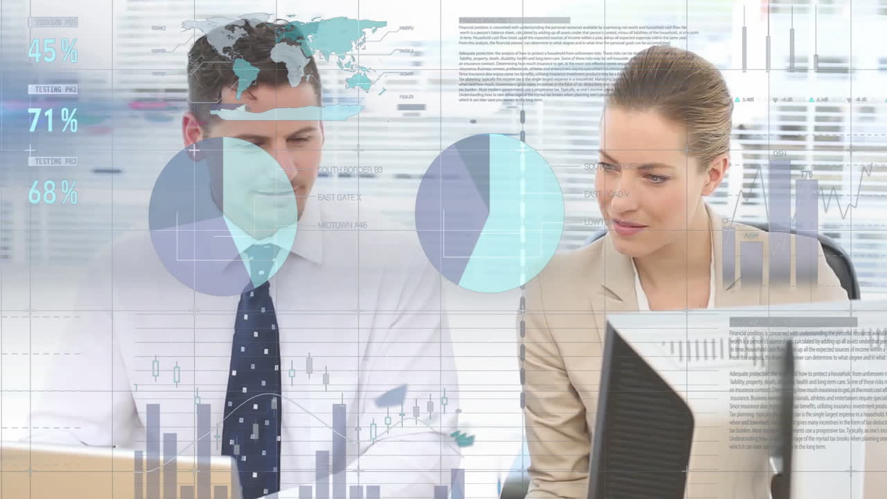 animación del procesamiento de datos financieros sobre los empresarios caucásicos en la oficina