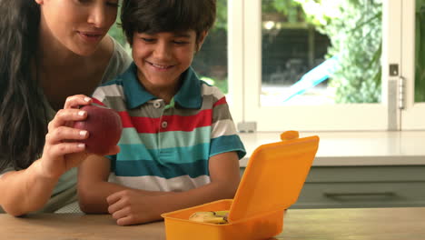 madre feliz poniendo manzana en la caja de almuerzo de su hijo