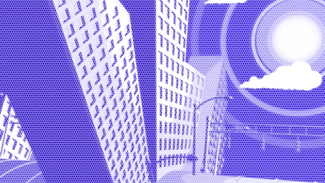 Computer generated animated moving motion background showing city landscape grids skylines