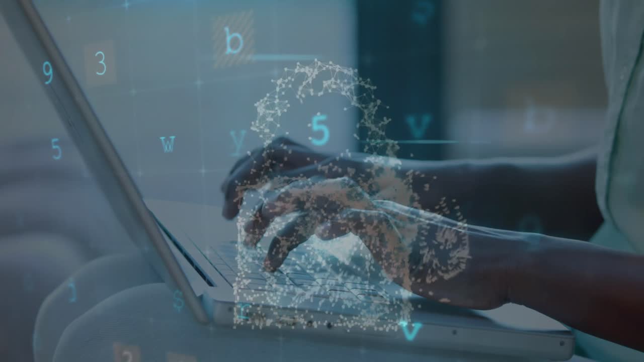 Animation of padlock, cloud, texts, letters, symbols, cropped hands of caucasian man using laptop