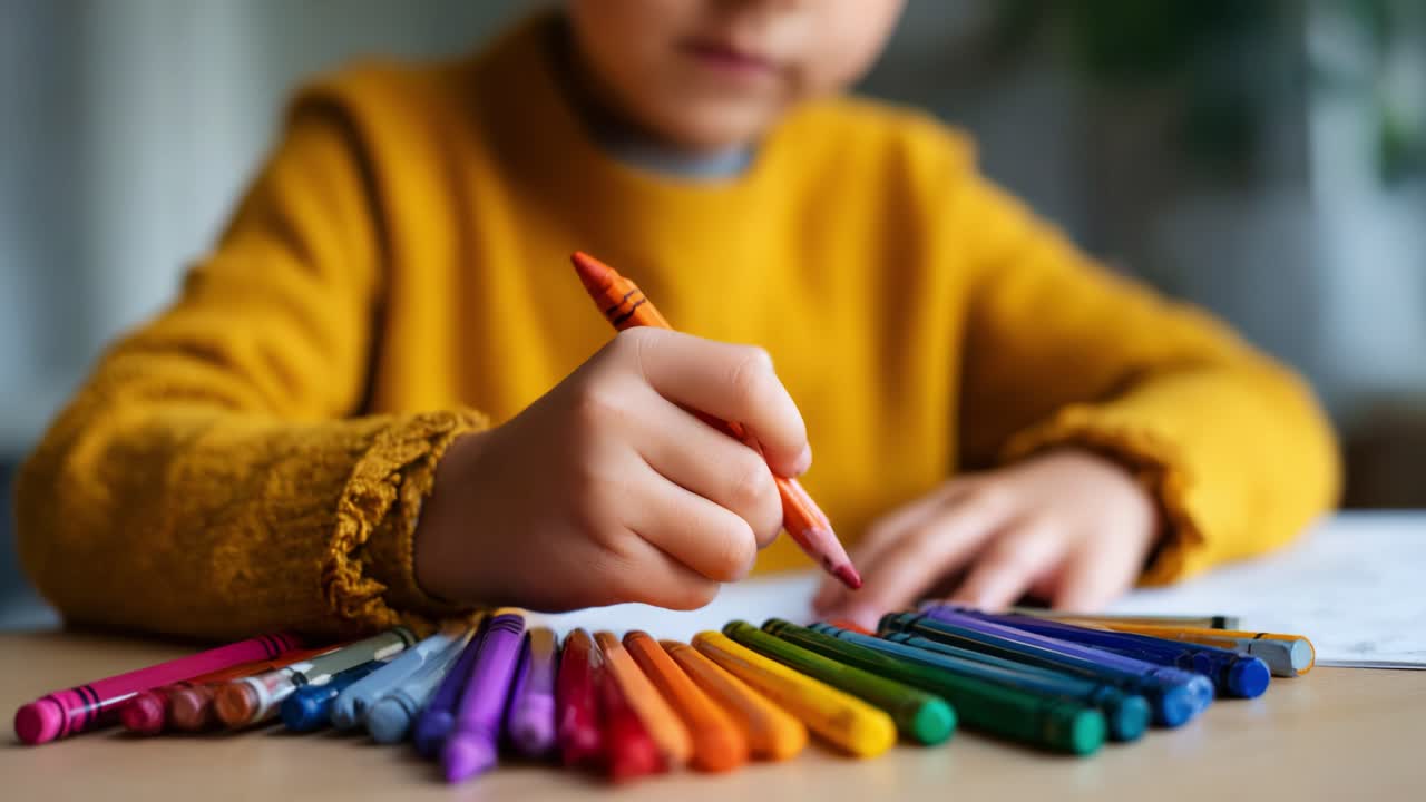 Uma criança concentrada em desenhar com lápis de cor vibrantes e organizados, expressando criatividade e concentração em um ambiente interno aconchegante, cultivando habilidades artísticas