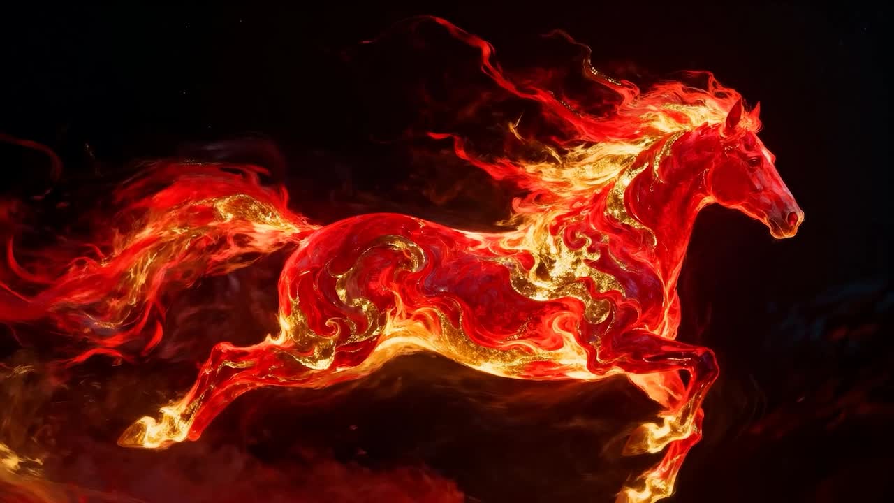 Cheval ardent stylisé au galop réagissant à une vague de braises dans un vide cosmique, traînant des braises et de la fumée