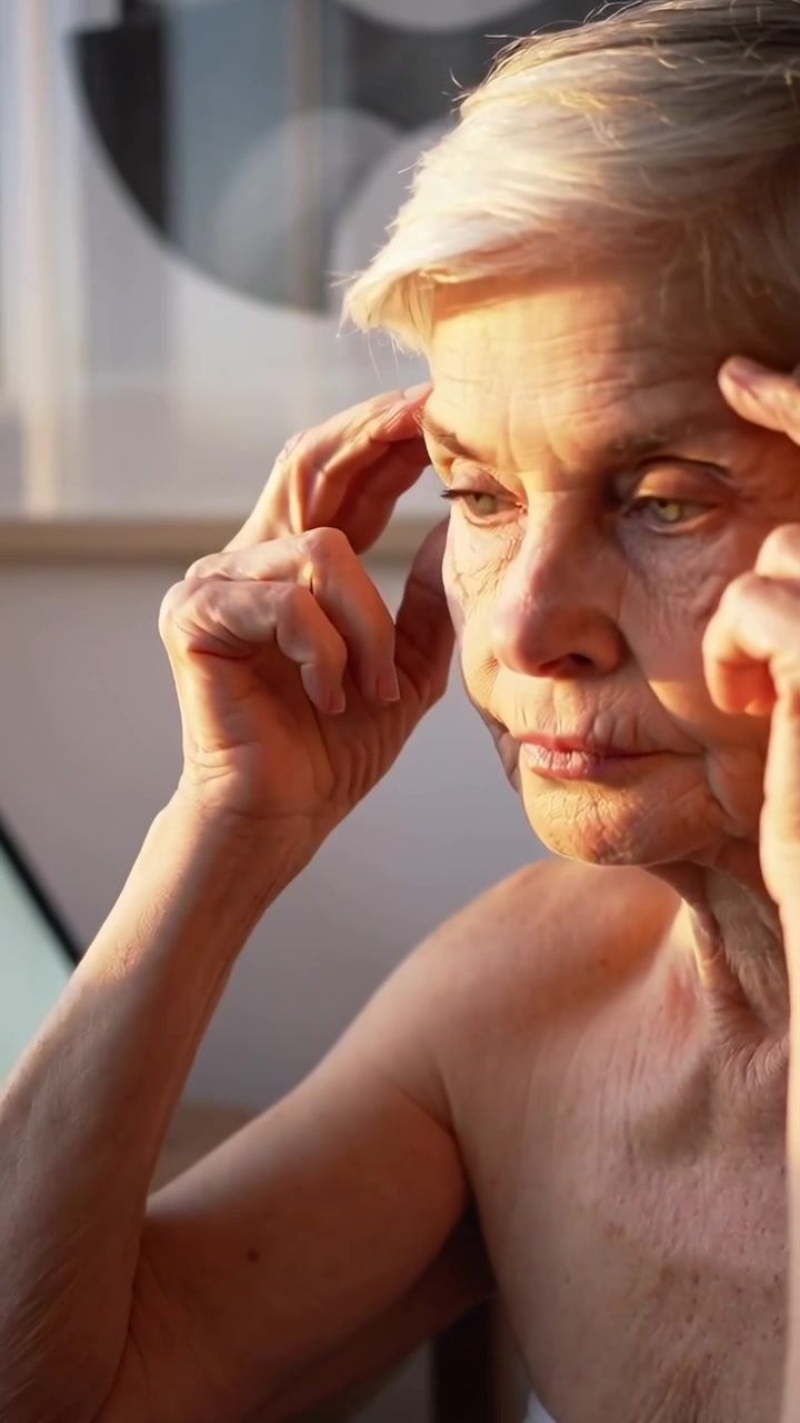 Video verticale: Donna anziana senza spalline si massaggia gli occhi vicino a una finestra per la cura degli occhi, con un tablet, alzando le mani.