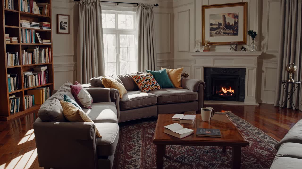 Cozy living room with a fireplace, shot from a wide-angle perspective, showcasing a warm