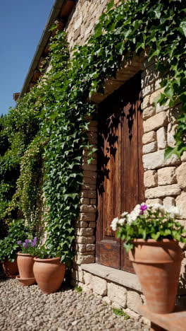 rustic stone house with ivy and potted flowers