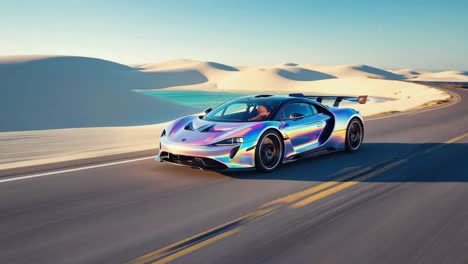 iridescent sports car driving on desert road