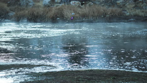 Steaming-Rising-from-Hot-Spring,-Hot-Creek-Geological-Site,-Medium,-Slow-Dolly