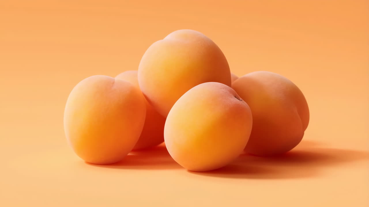 Abricots ensoleillés sur une surface orange chaude, avec une peau douce et duveteuse et des ombres tamisées, composition minimale suggérant.