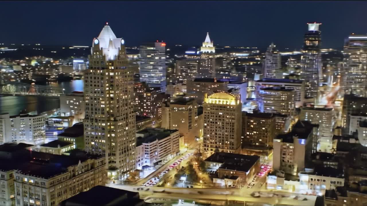 A stunning view captures a city skyline at night, highlighted by illuminated buildings and busy streets. Traffic flows below as lights twinkle, creating a lively urban ambiance.