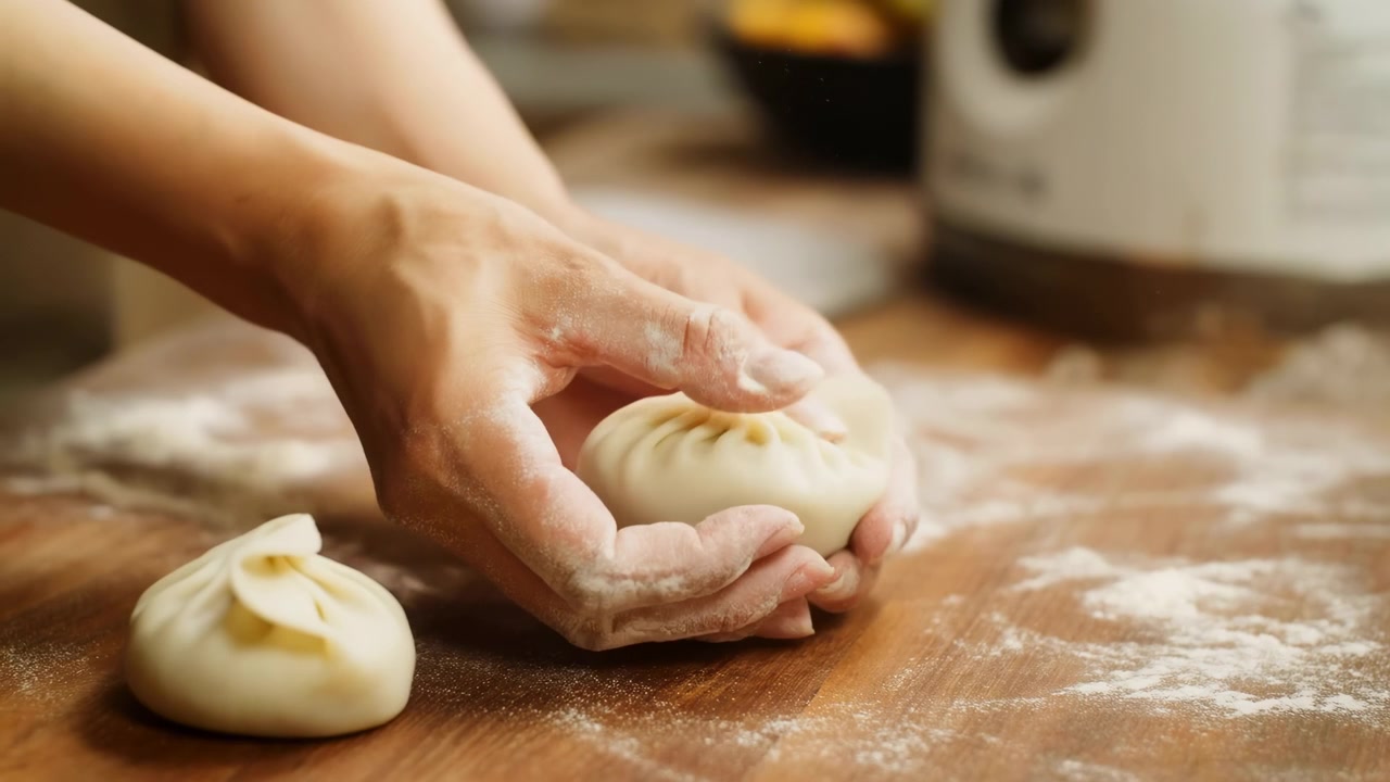 Closeup Hands Shaping Dumpling Dough On Wooden Board, Skillful Home Cook Pleating Bao With Flourdusted