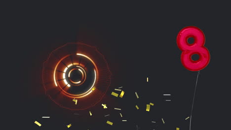 animación de confeti con telescopio y 8 globos sobre fondo negro