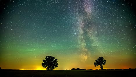 starry milky way core time lapse between trees in silhouette in the foreground - colorful airglow