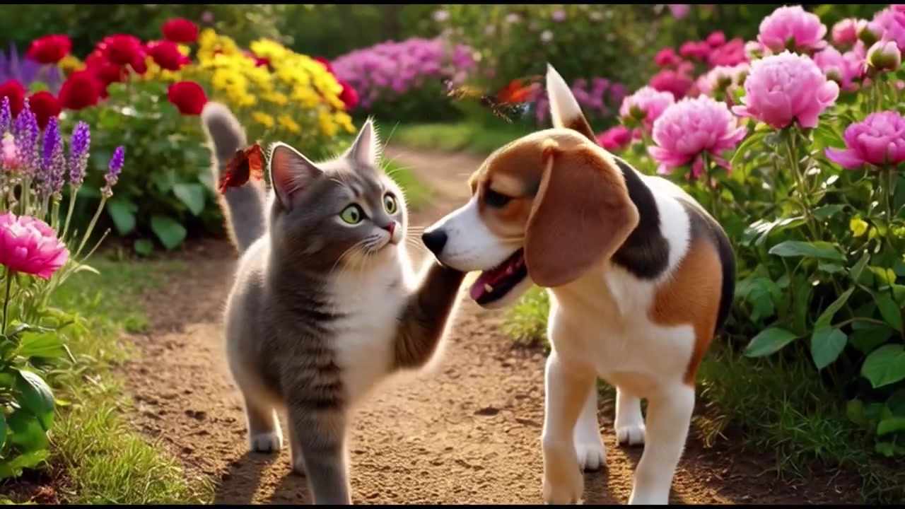 Cane Beagle amichevole e gatto grigio che passeggiano insieme in un giardino fiorito.