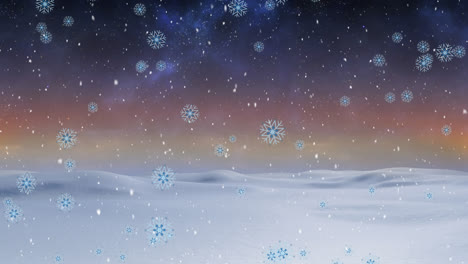 animation of snow falling over winter landscape and northern lights