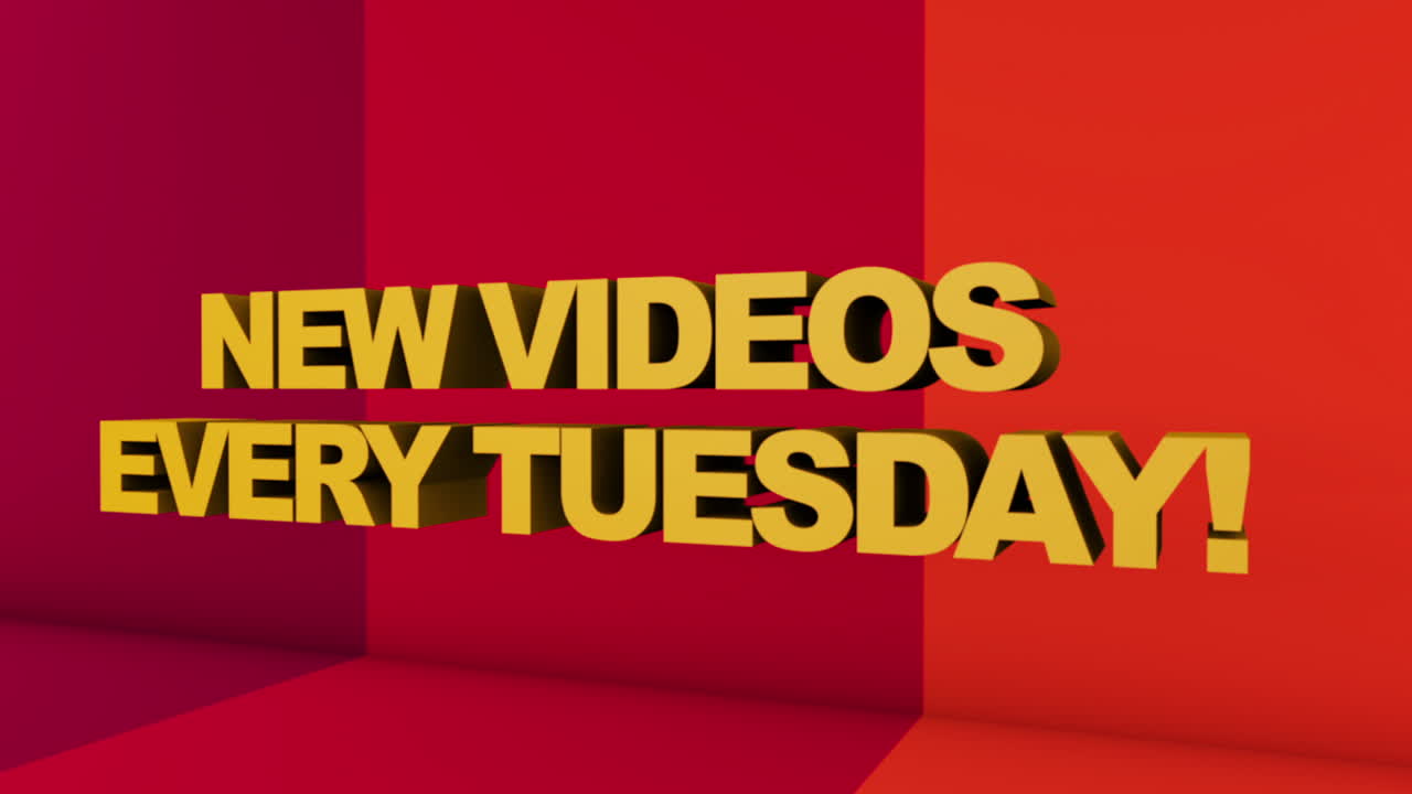 A full screen 3D rendered graphic using Cinema 4D of 3D text &amp;quot;NEW VIDEOS EVERY TUESDAY