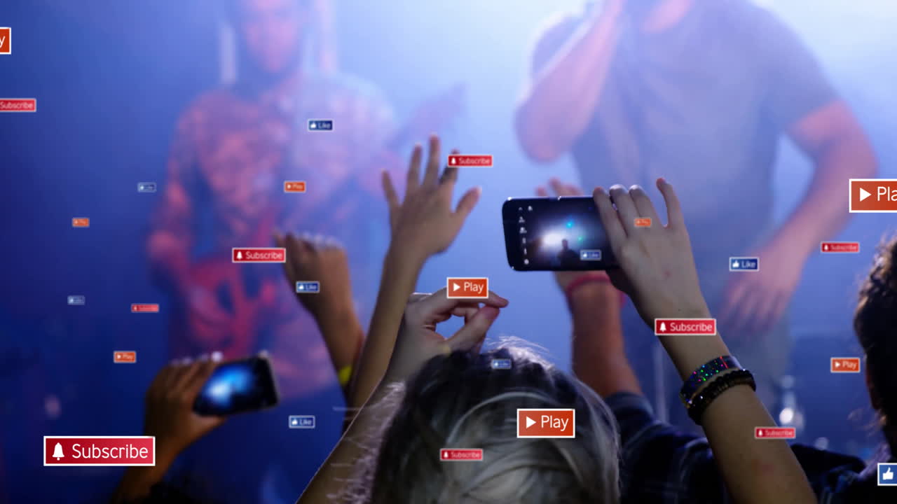Recording concert with phones, people surrounded by animation of play and subscribe icons