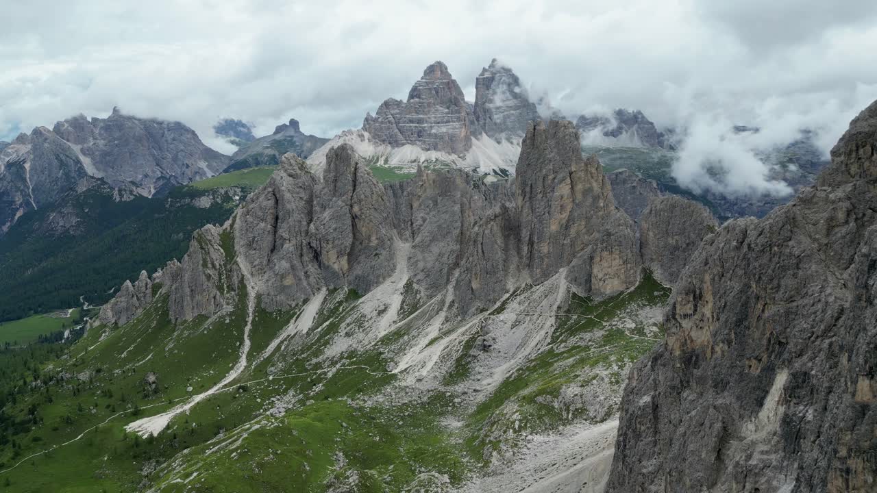 Dolomites, Italy - A Scenic View of the Rugged, Uneven Edges of the Towers of Mordor Peaks - Drone Flying Forward