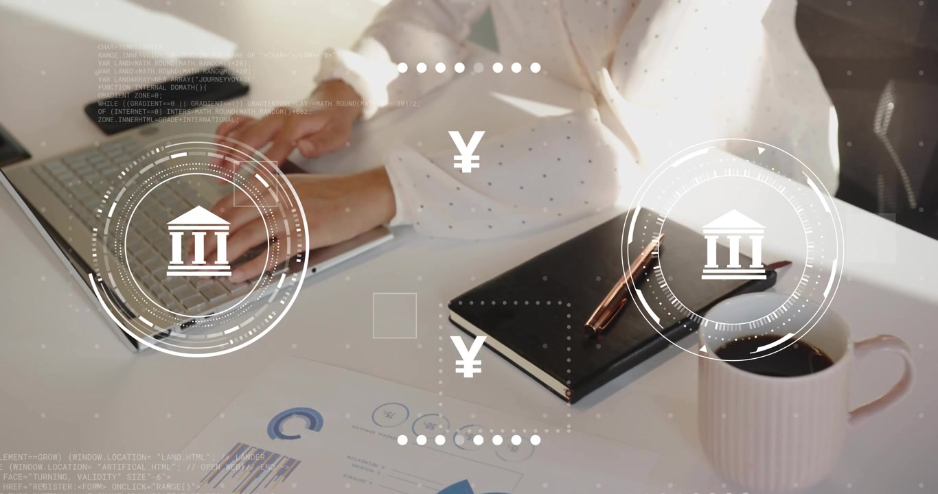 Woman typing on laptop starting HUD currency exchange for finance monitoring pound yen euro dollar