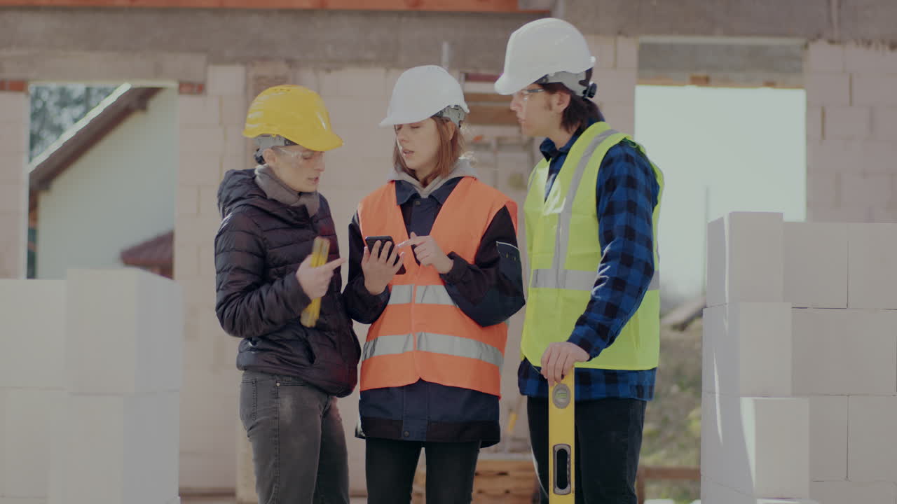 Young female construction worker discussing over smartphone with coworkers holding level and tape at construction site