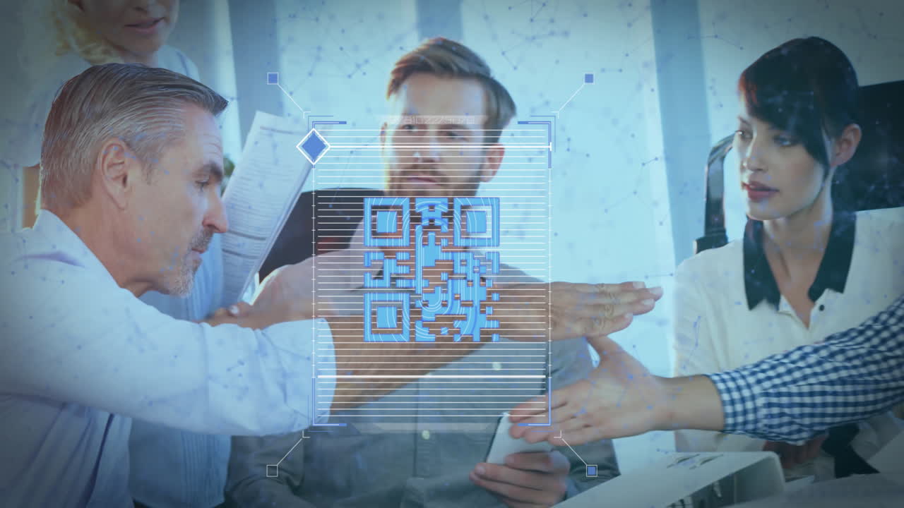 In office, business team discussing project with QR code animation overlay