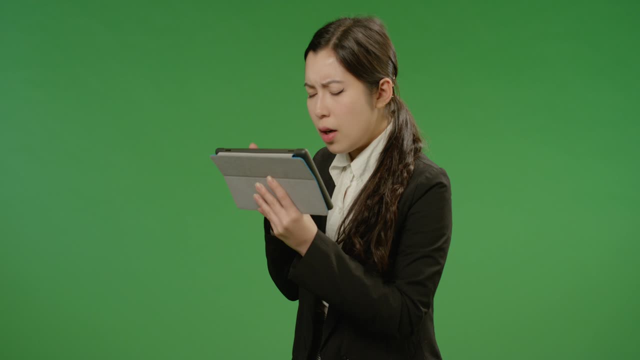 걱정스러운 사업가가 녹색 화면에서 태블릿을 사용합니다.