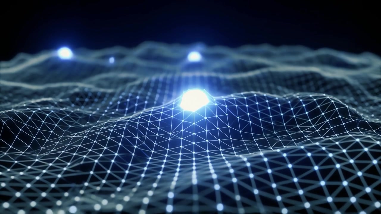 Abstract Digital Grid Surface with Glowing Nodes and Wave Motion