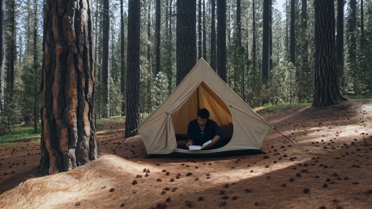 Man Reading in Tent in Forest