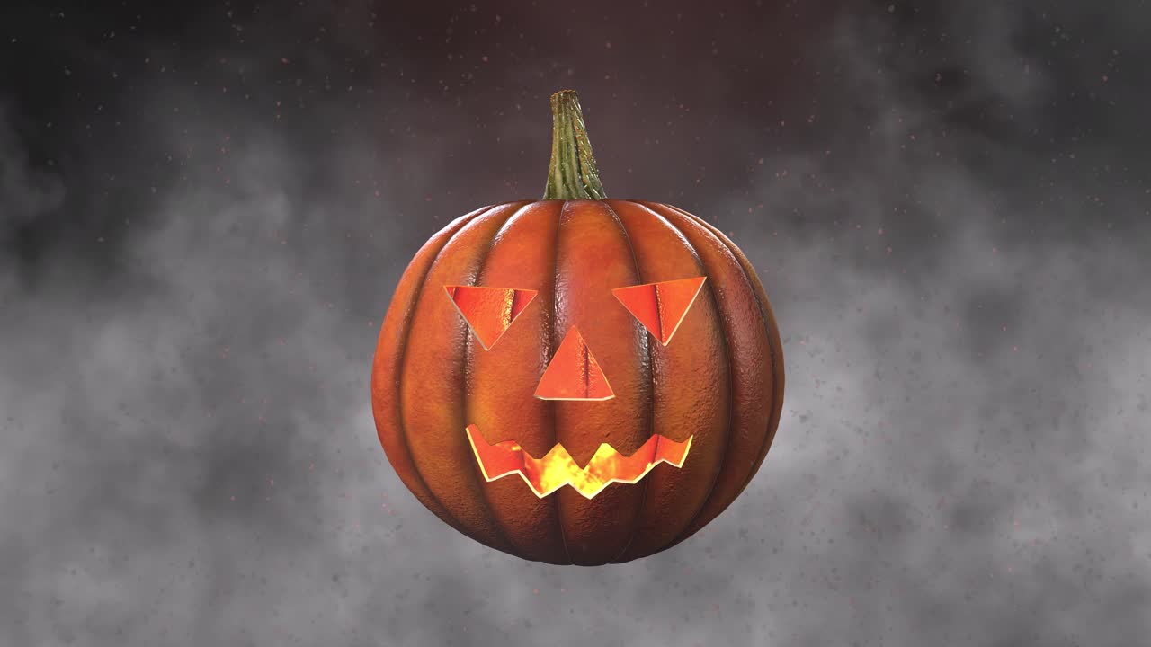 Halloween pumpkin with fire burning inside it, dust particles, and fog, on black background 3D animation