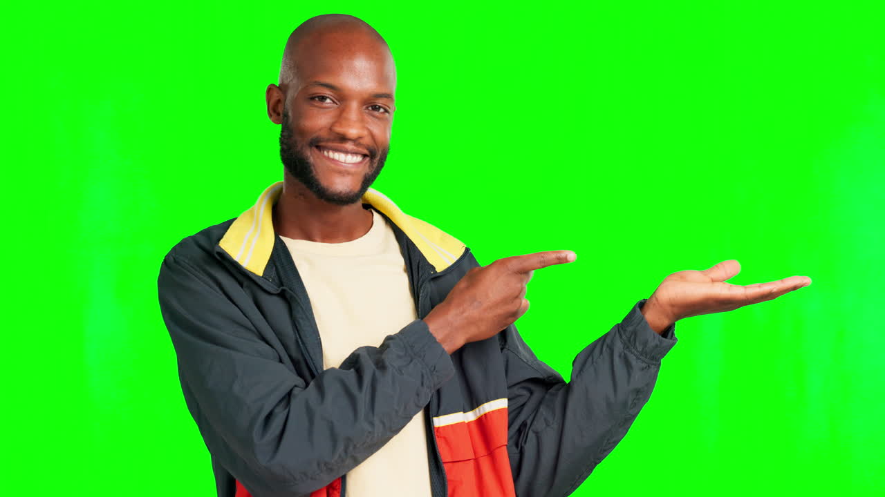 Green screen face, smile and black man with hand