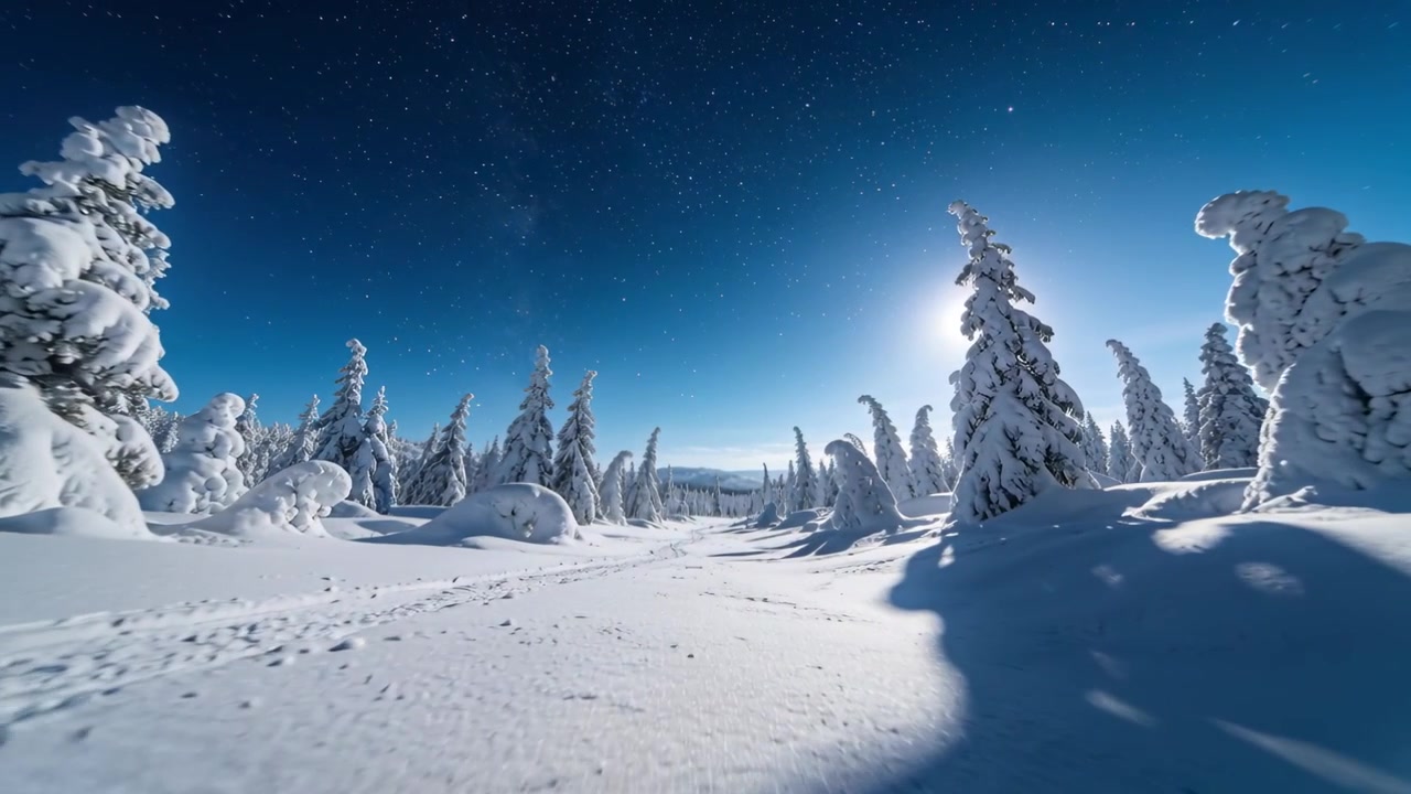 Moving camera tracking through snowy clearing with conifer trees, revealing footprints and sun