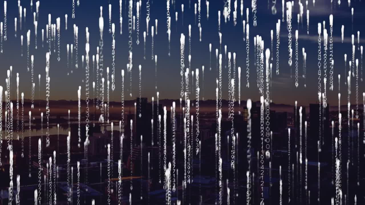 도시 풍경 위의 데이터 처리 애니메이션