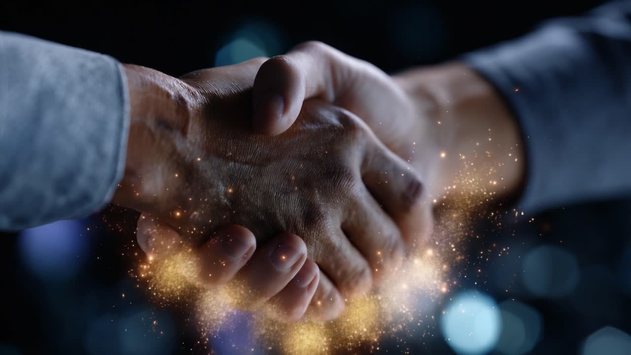 Symbolic handshake between two individuals representing unity and collaboration, surrounded by a dazzling aura of light and sparkles in a contemporary setting