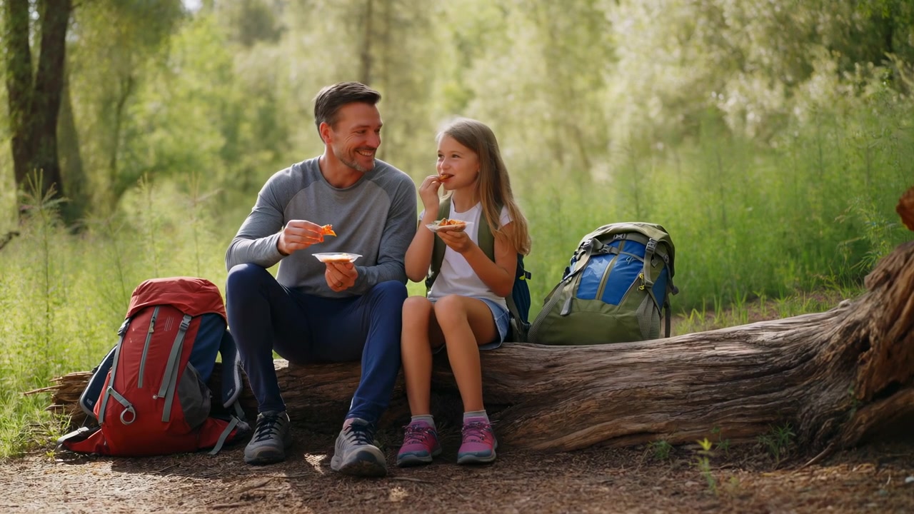En voksen mand og en ung pige sidder tæt sammen på et væltet træ i en lys skov, deler picnicsnacks ved siden af vandrerygsække og smiler i de afslappede udendørs omgivelser med varmt naturligt lys.