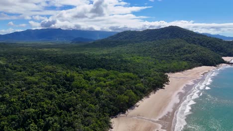 aerial drone footage glides from turquoise shoreline over lush daintree rainforest, revealing dense tropical canopy, sandy beach, and dramatic coastal landscape in bright daylight