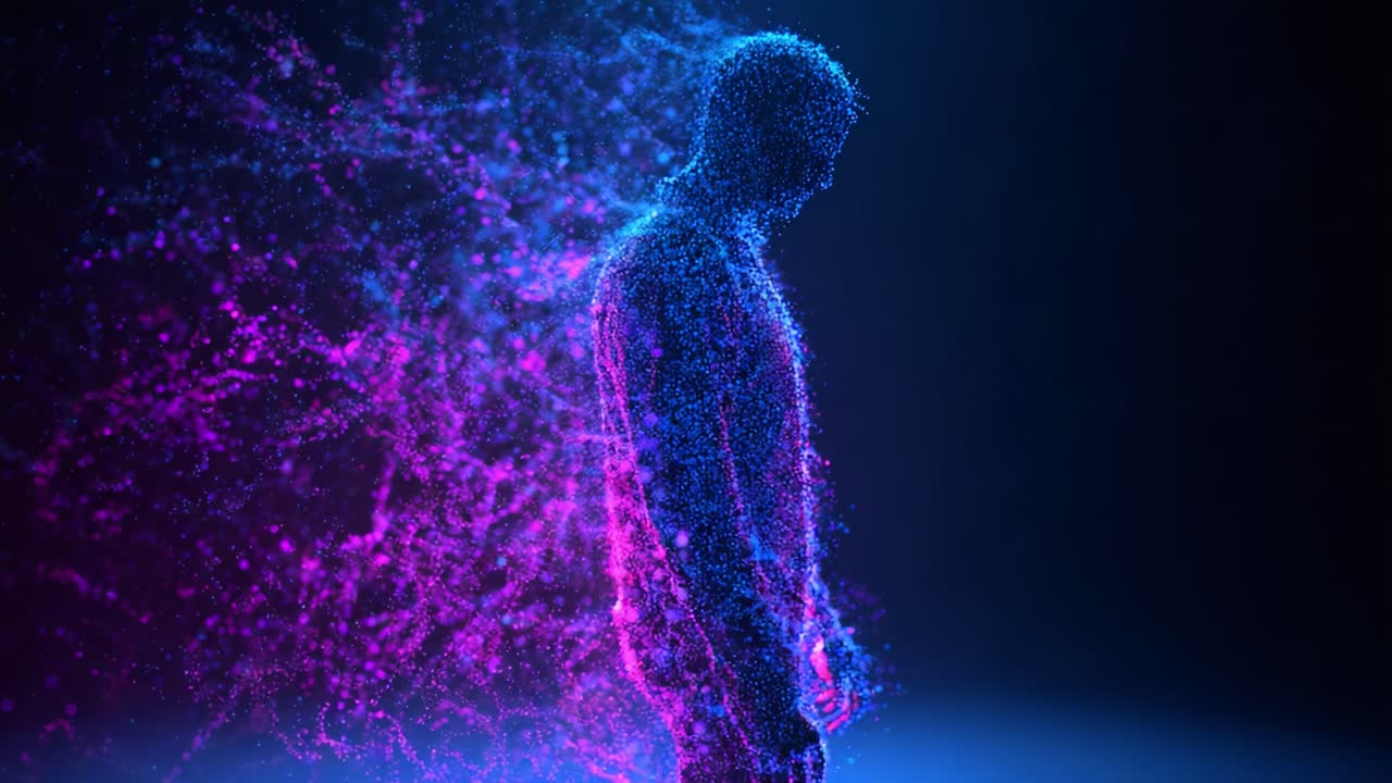 A stunning representation of a human figure portrayed through a mesmerizing array of vibrant particles, illustrating the concept of transformation and digital abstraction in a modern visual art form
