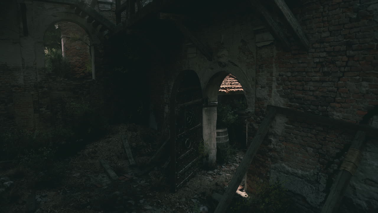 Exploring an abandoned structure with overgrown vegetation in daylight