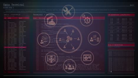 animación de la red de conexiones y procesamiento de datos a través de pantallas de computadora