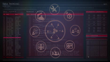 animation of network of connections and data processing over computer screens