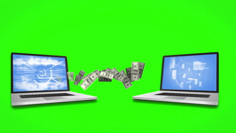 dinero saliendo y entrando de las computadoras portátiles en el fondo de la pantalla verde