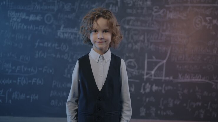 Young student smiling in front of a chalkboard filled with math equations